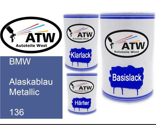 BMW, Alaskablau Metallic, 136: 500ml Lackdose + 500ml Klarlack + 250ml Härter - Set, von ATW Autoteile West.